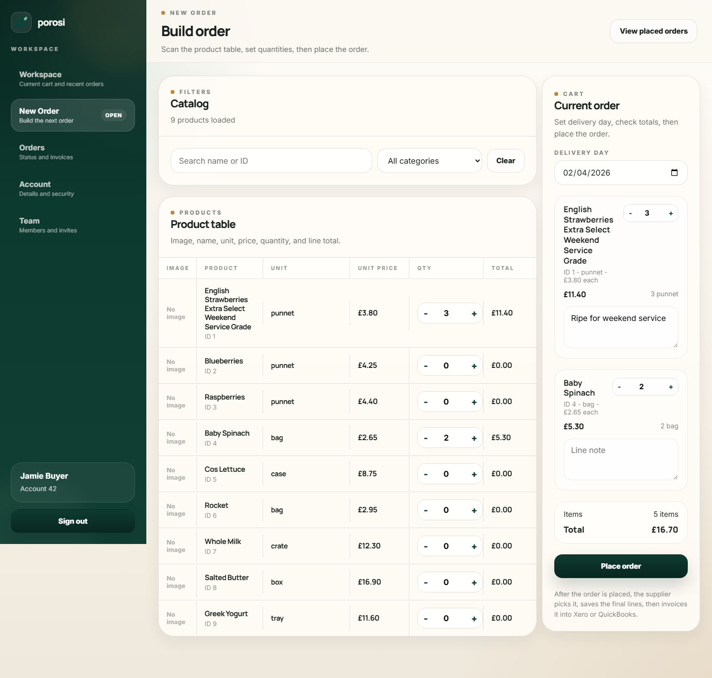 Porosi branded customer web ordering portal