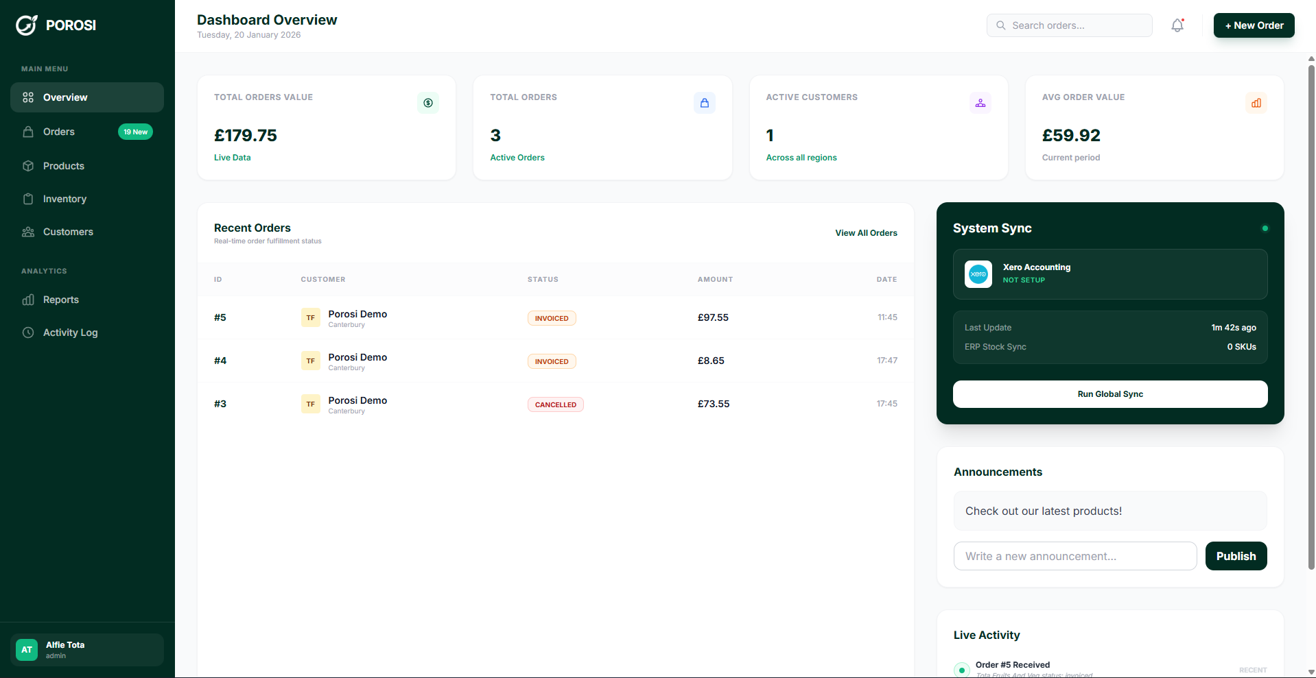 Porosi supplier dashboard showing wholesale operations