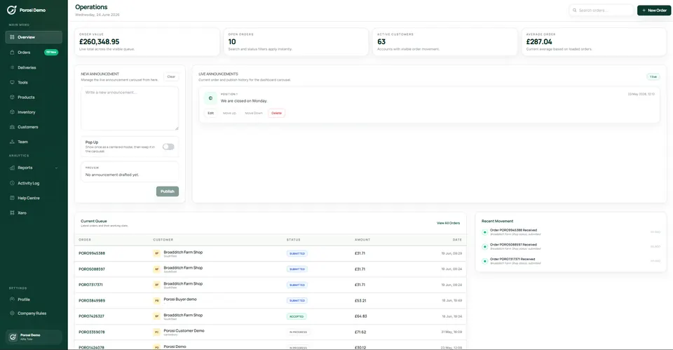 Porosi tenant dashboard for branded supplier ordering