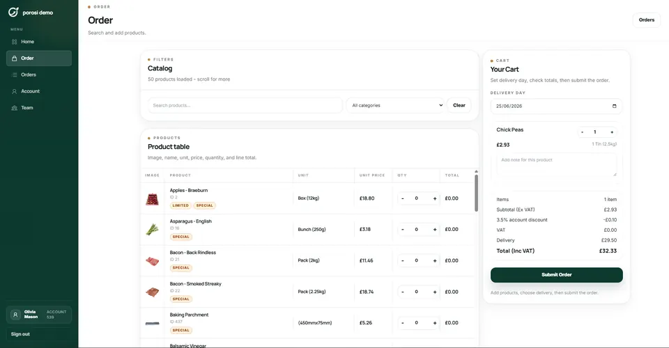 Porosi customer ordering screen for wholesale suppliers who need credible customer proof for branded ordering software